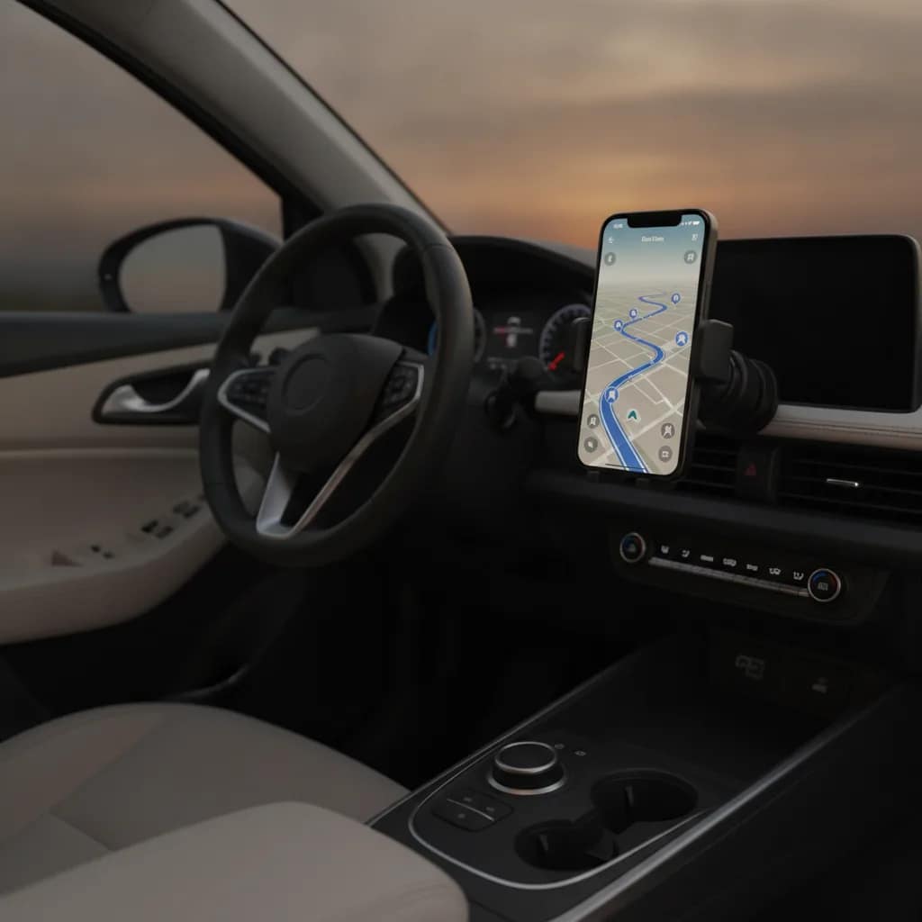 Smartphone no painel do carro elétrico exibindo mapa de rota de viagem com eletropostos.