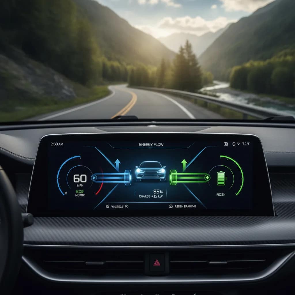 Painel digital de carro elétrico mostrando a recuperação de energia pelo freio regenerativo.