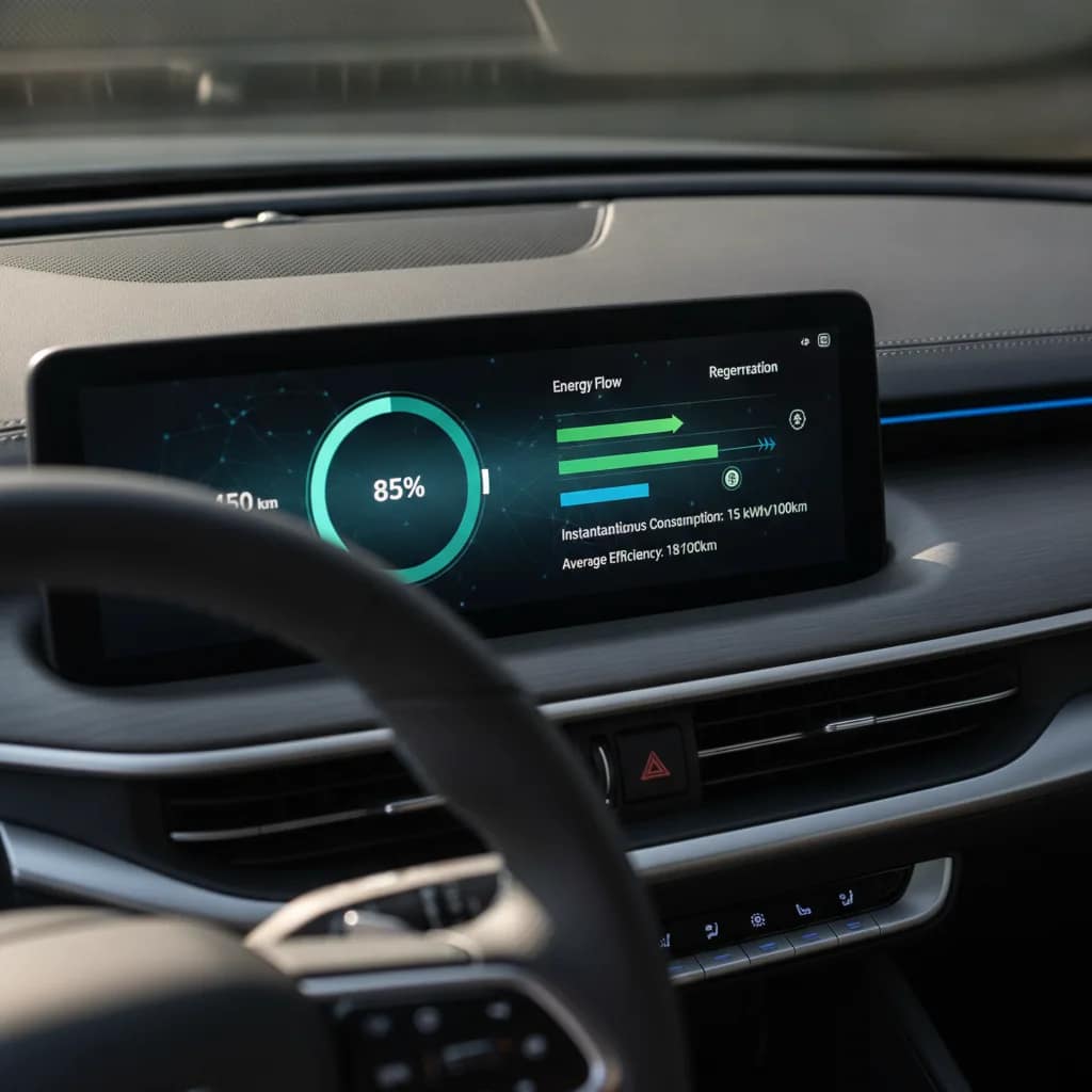 Painel digital de carro elétrico exibindo dados de bateria e consumo de energia.
