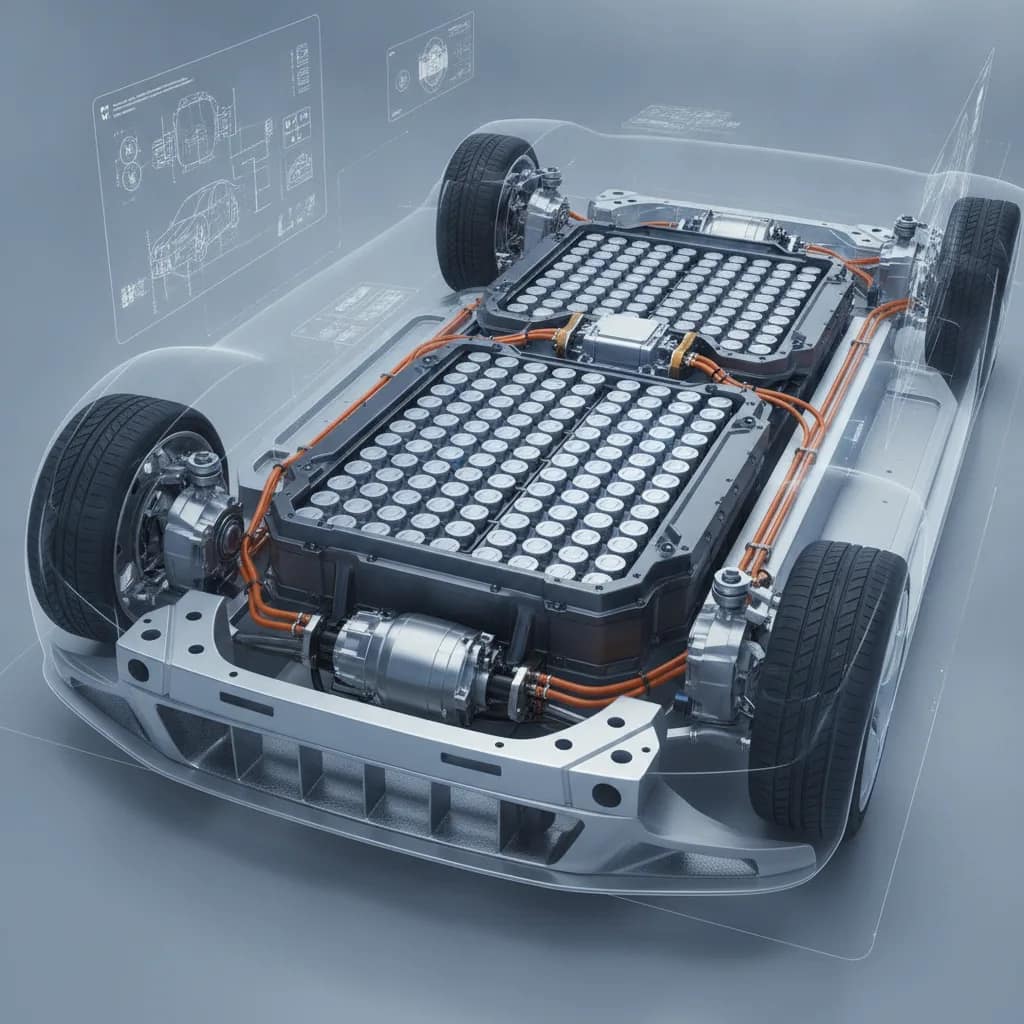 Estrutura do chassi de um carro elétrico mostrando a localização do pacote de baterias e motor elétrico.